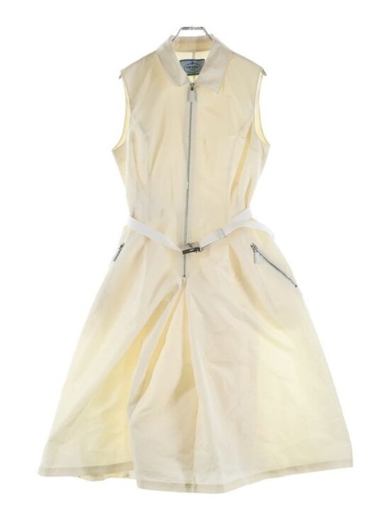 Prada Logo Belt Nylon Half Zip Sleeveless Long Dress Ivory main image 7